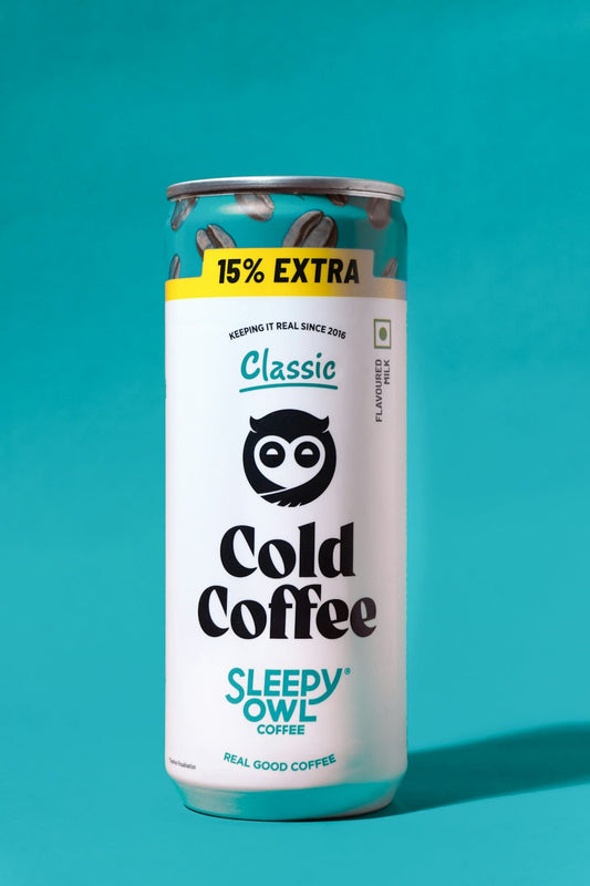 A can of cold coffee on a blue background