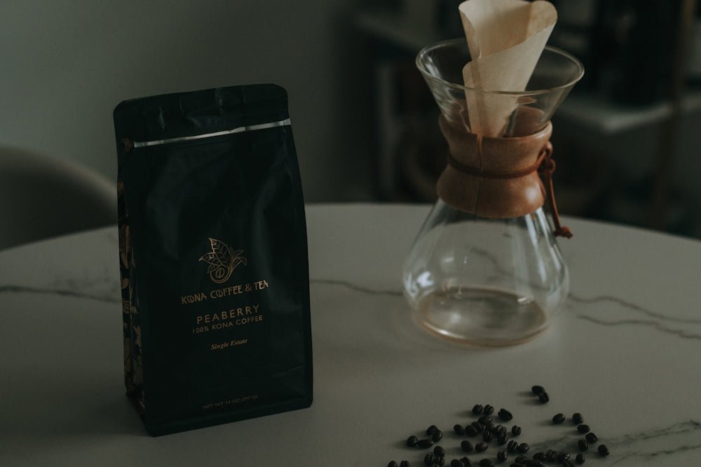 Coffee beans, bag, and pour-over setup await brewing.