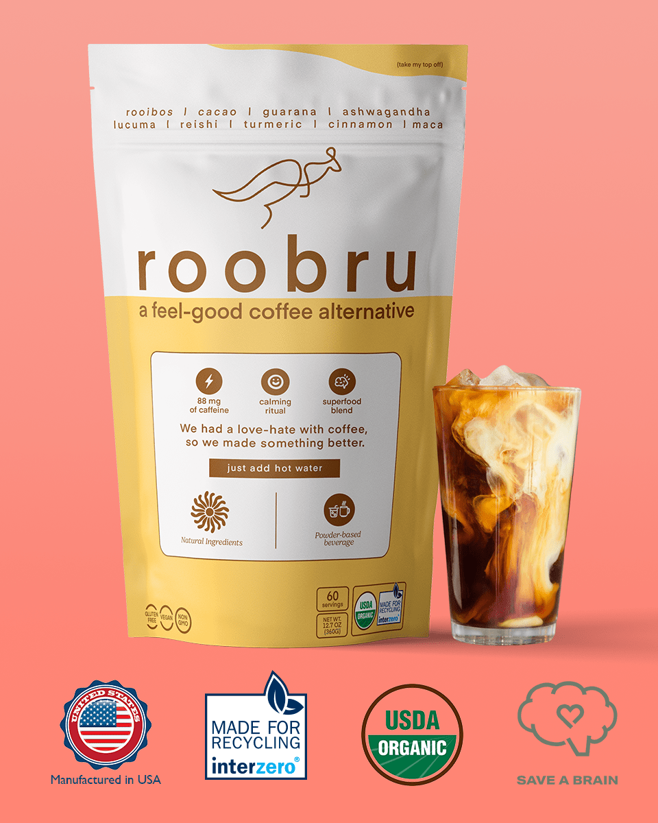 Roobru coffee package with a glass of iced coffee on a pink background