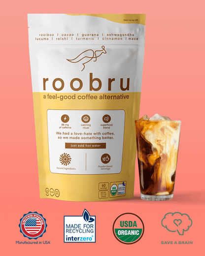 Roobru coffee package with a glass of iced coffee on a pink background