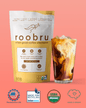Roobru coffee package with a glass of iced coffee on a pink background