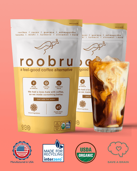 Roobru coffee package with a glass of iced coffee on a pink background